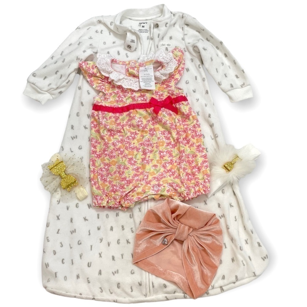 Bundle of Laura Ashley romper, Carters sleepsack & Bebe hat w/ 2 bow headbands